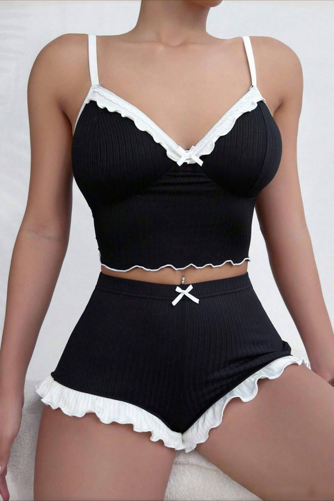 Lace Patchwork Cami Frill Shorts Set