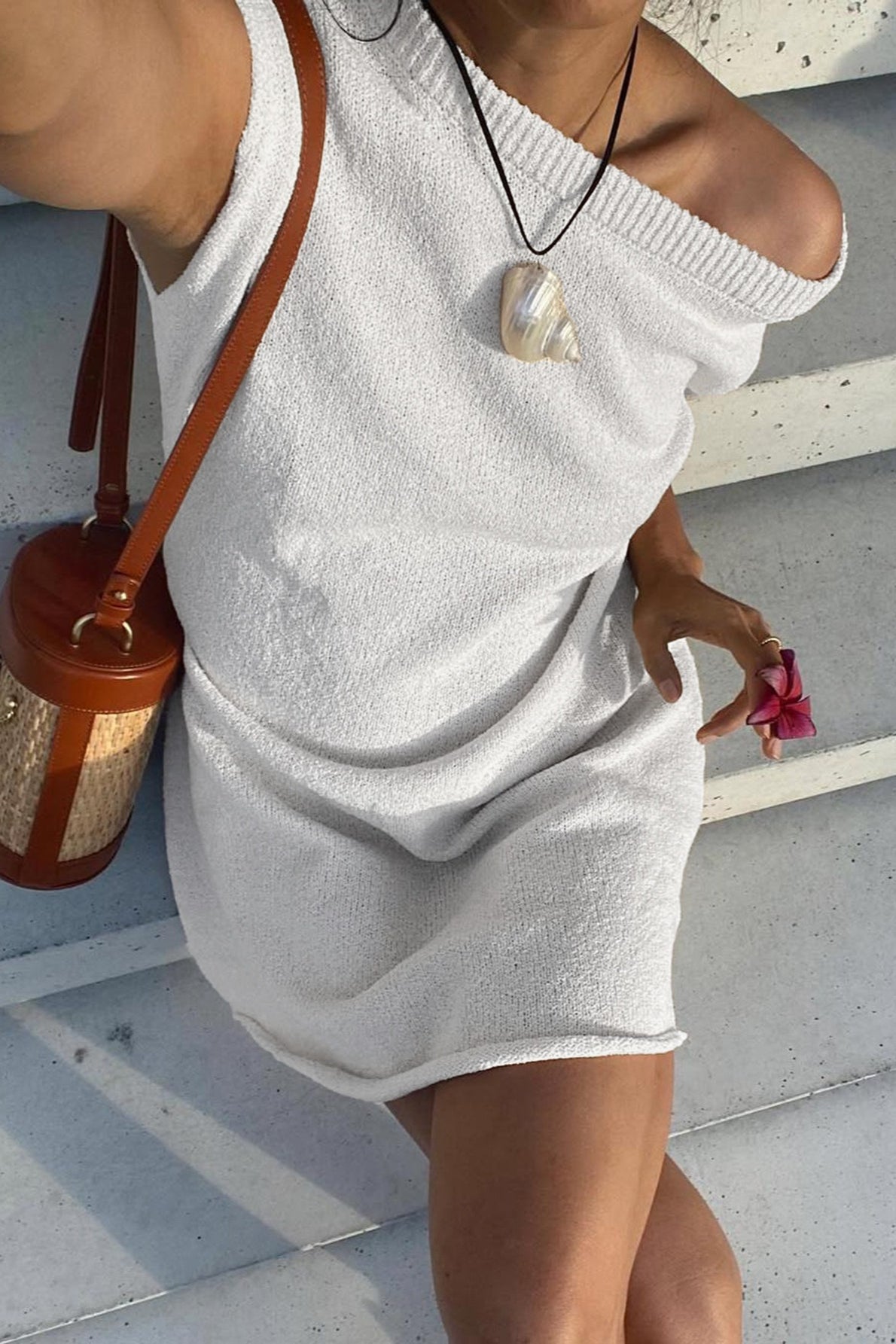 Ivory Knitted One Shoulder Loose Fit Mini Dress