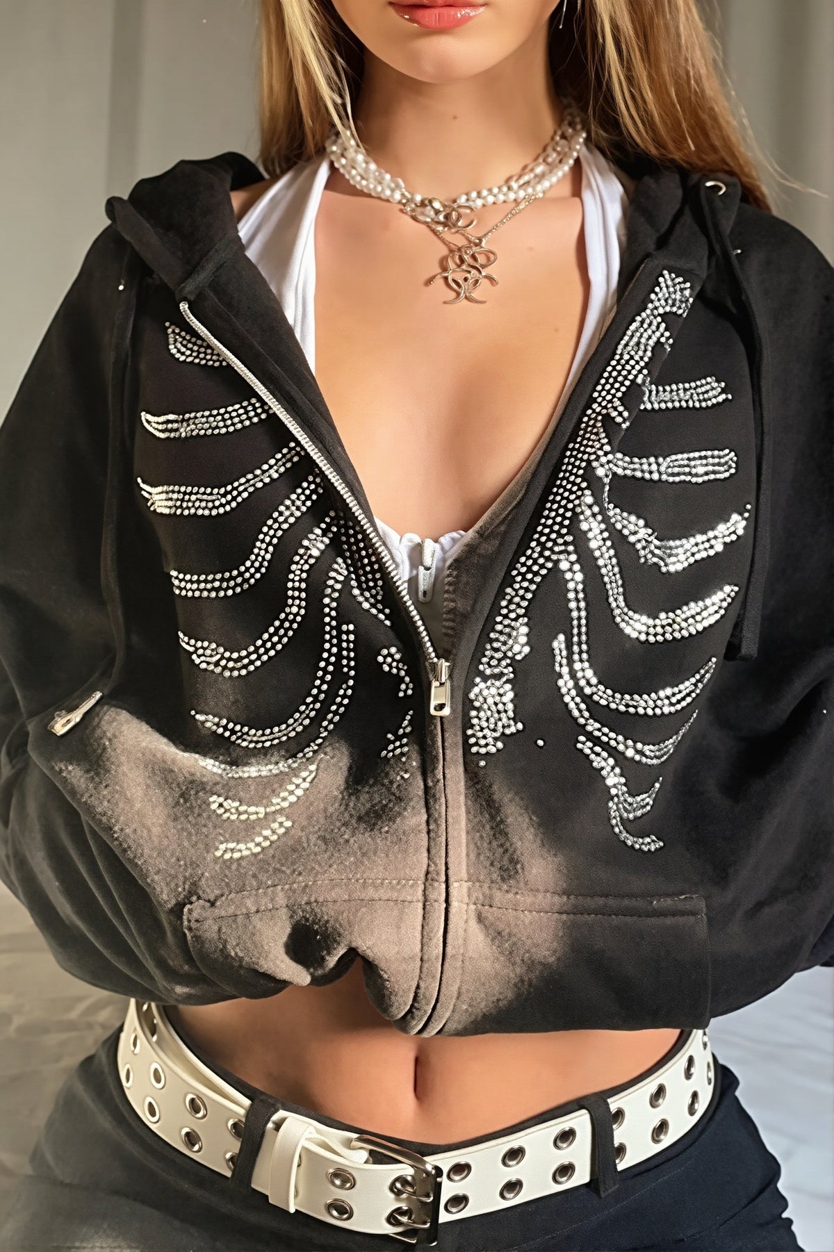 Rhinestone Ribcage Zip Hoodie