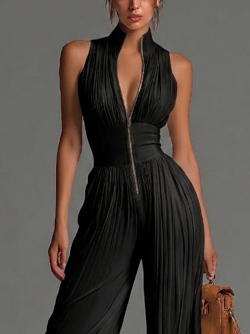 Vittoria · Tuta nera in chiffon con scollo a V, senza maniche, con zip, a pieghe, pantaloni a palazzo