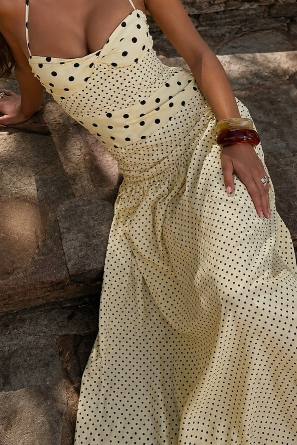 Retro Polka Dot Patchwork Halter Ruched Maxi Dress