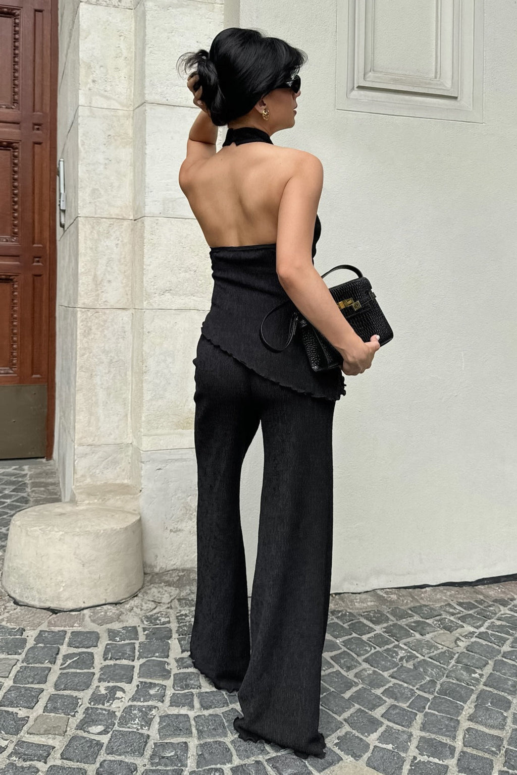 Green Halter Neck Top Pleated Wide Leg Pants Set