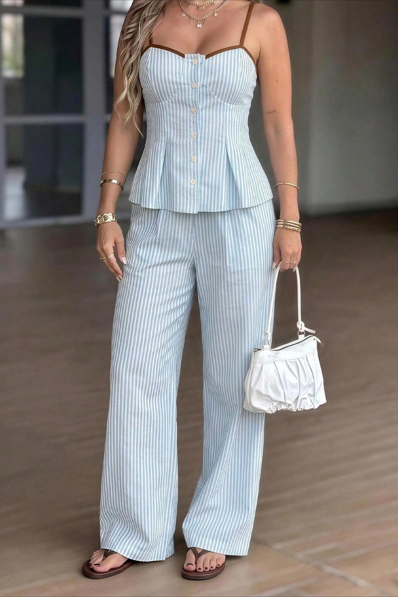 Color Block Striped Linen Blend Pants Set