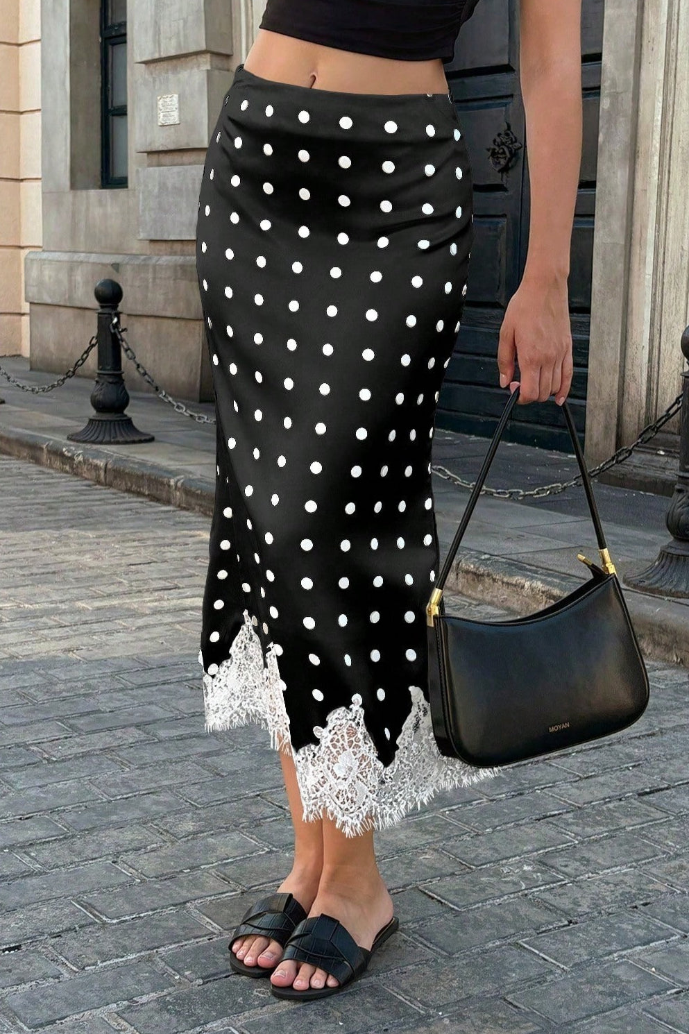 Satin Polka Dot Lace Bodycon Midi Skirt