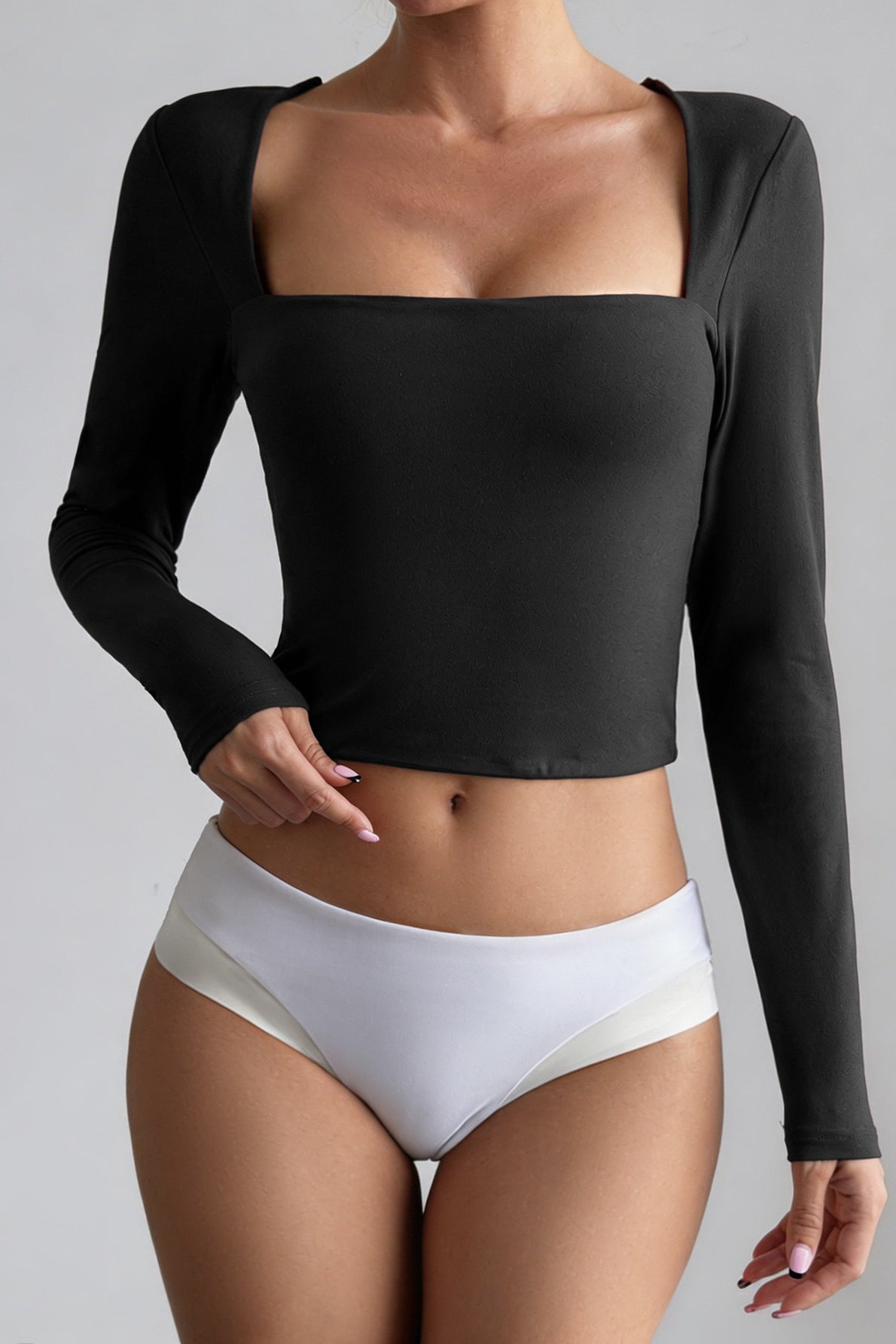 Solid Square Neck Cropped Long Sleeve Tee