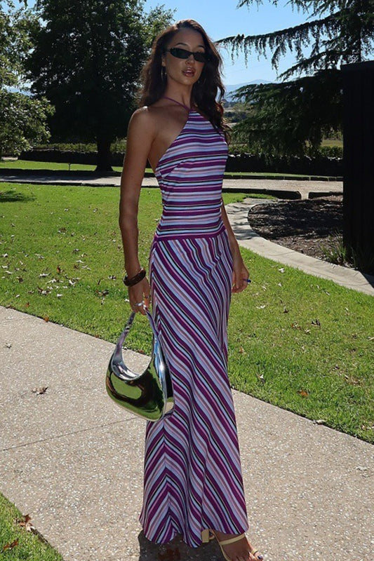 Colorblock Textured Halter Vacation Dress