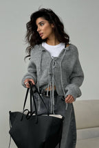 Solid Color Bow Tie Long Sleeve Knit Cardigan