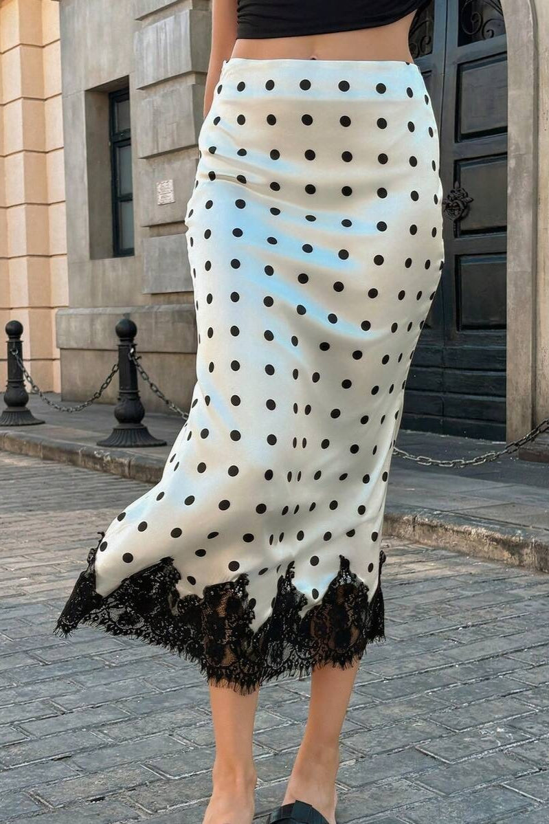 Satin Polka Dot Lace Bodycon Midi Skirt
