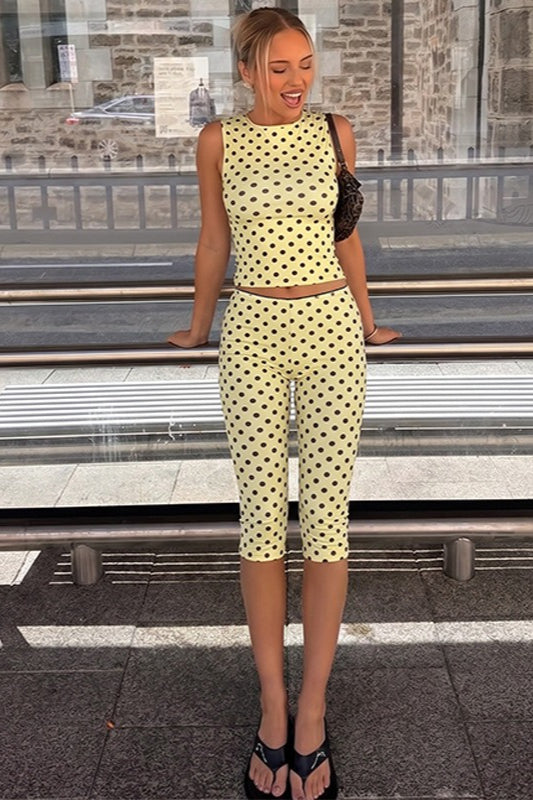 Polka Dot Sleeveless Fitted Capri Pants Set