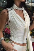 Tie Strap Draped Neck Cinched Crop Top