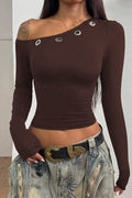 Off Shoulder Asymmetrical Neck Long Sleeve Tee