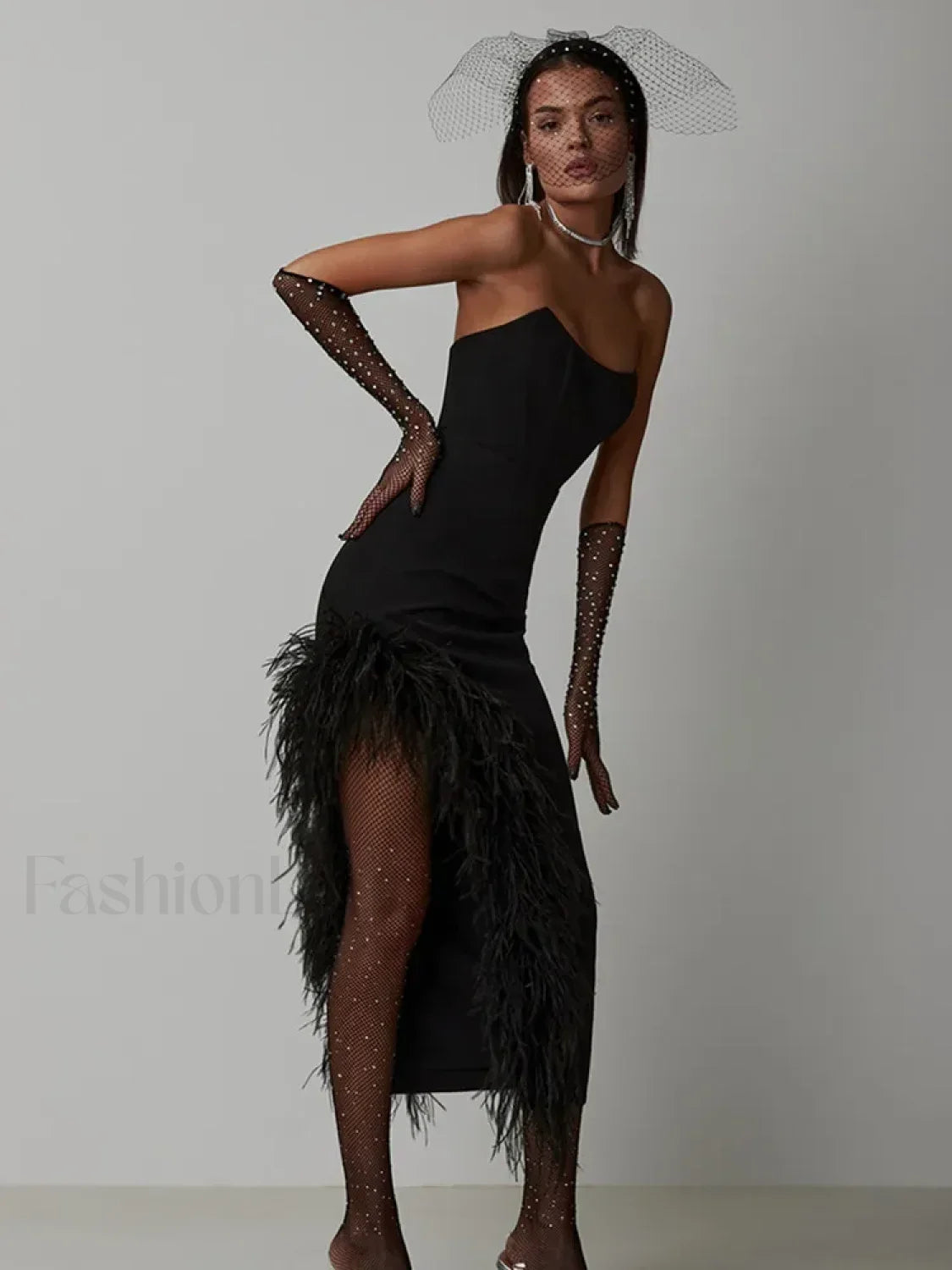 Vestido Midi Vendaje Sin Tirantes con Plumas