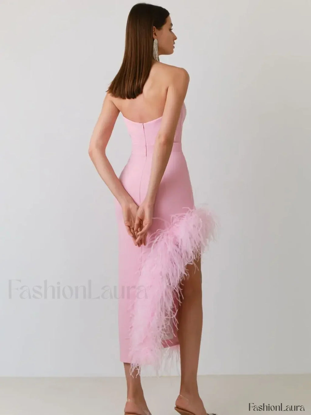 Vestido Midi Vendaje Sin Tirantes con Plumas