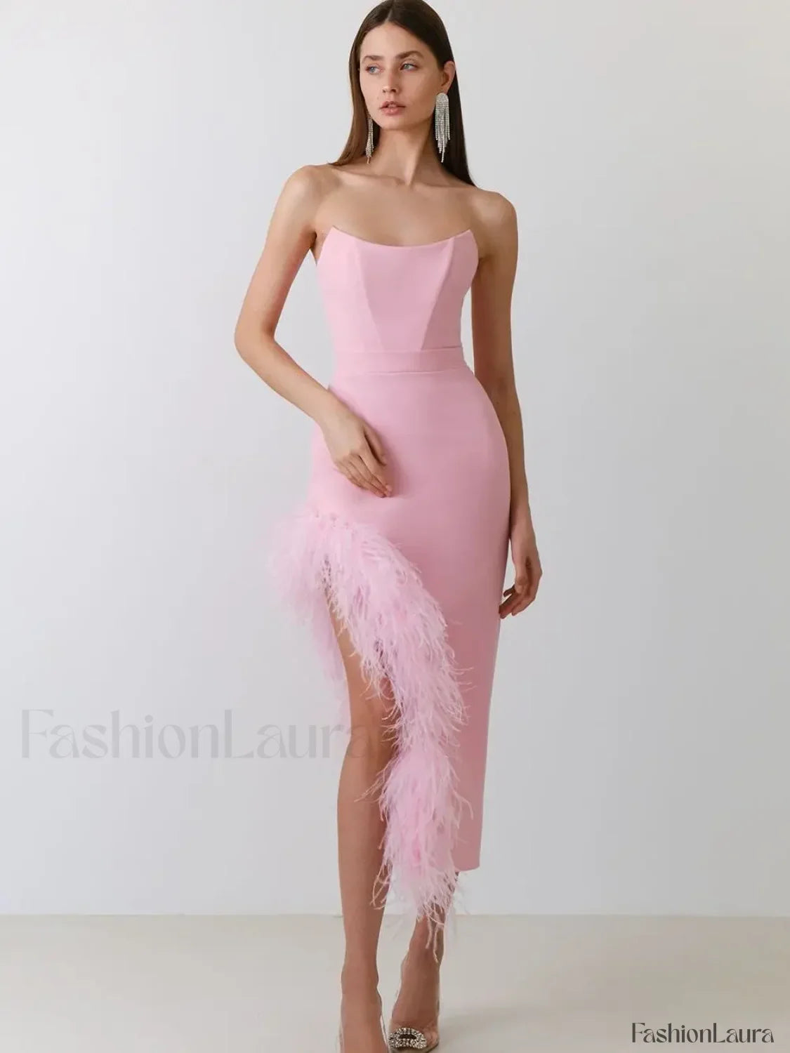 Vestido Midi Vendaje Sin Tirantes con Plumas