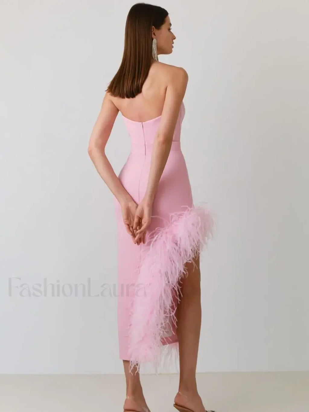 Vestido Midi Vendaje Sin Tirantes con Plumas