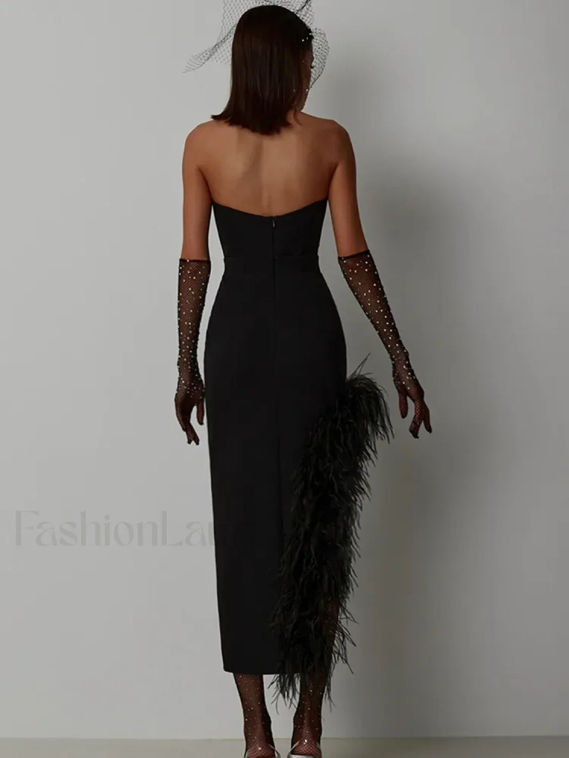 Vestido Midi Vendaje Sin Tirantes con Plumas