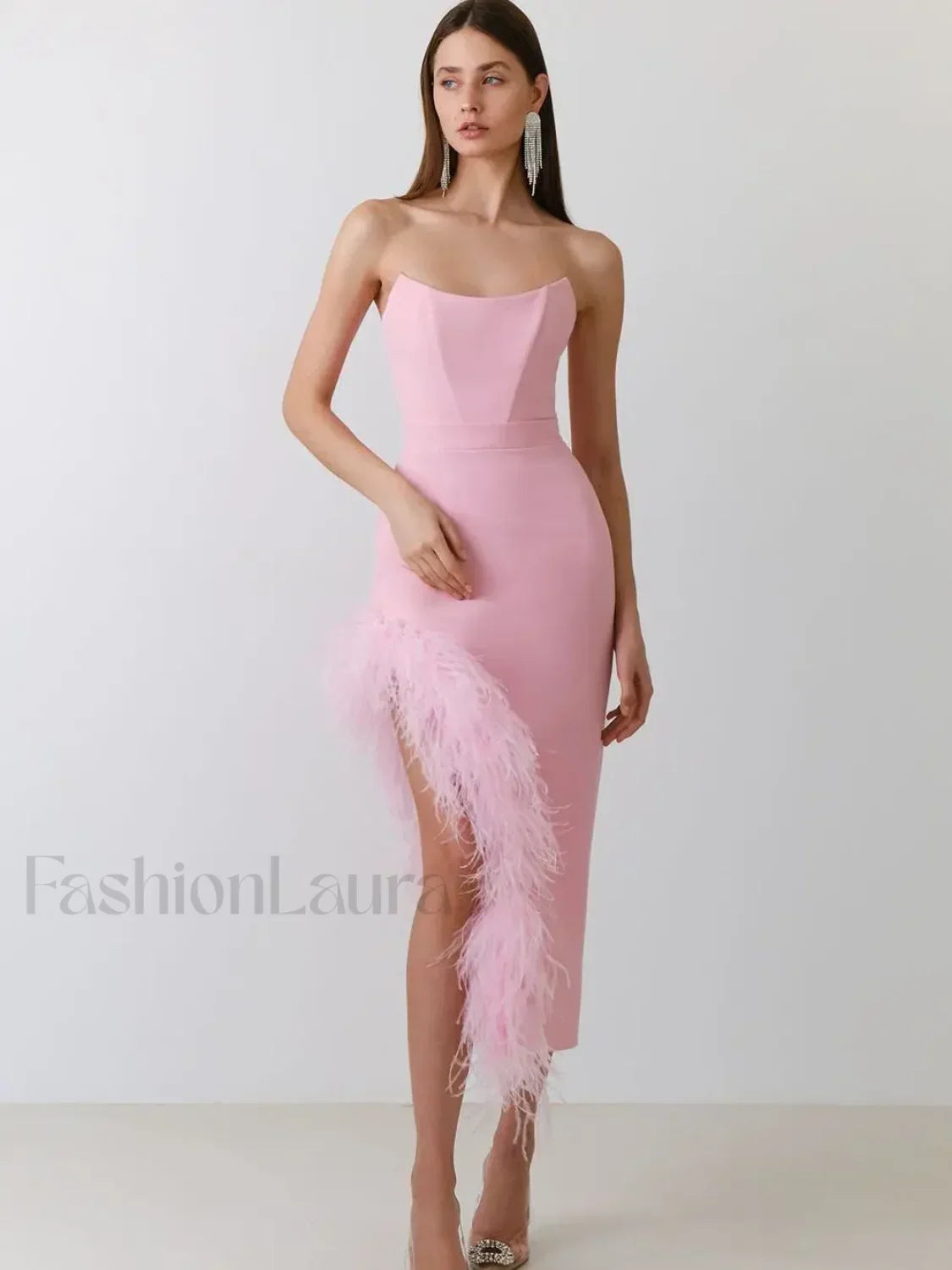 Vestido Midi Vendaje Sin Tirantes con Plumas