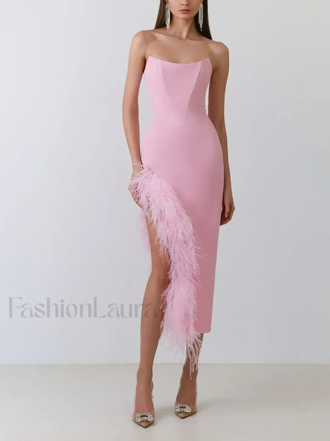 Vestido Midi Vendaje Sin Tirantes con Plumas