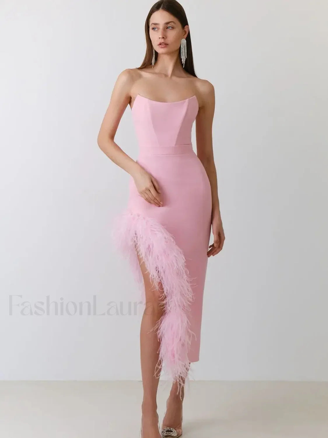 Vestido Midi Vendaje Sin Tirantes con Plumas