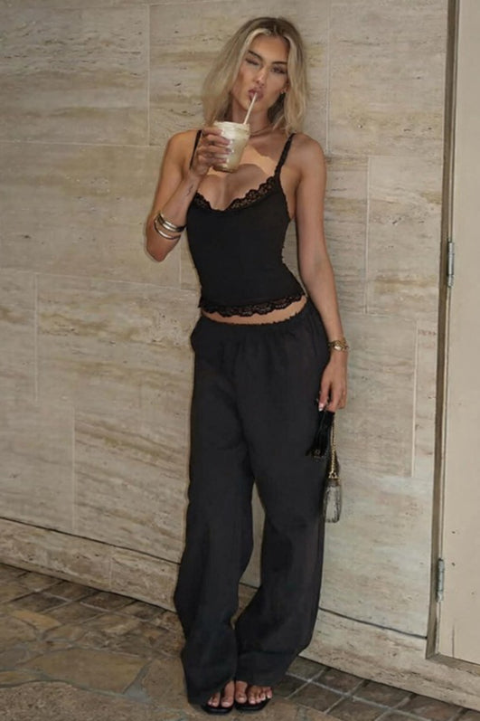 Solid Color Versatile Lace Trim Fitted Cami Top