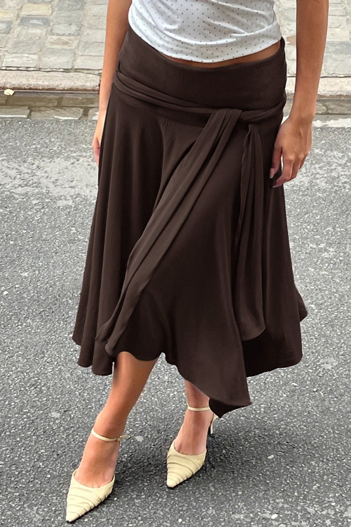 High Waist Tie Detail Asymmetric Skirt