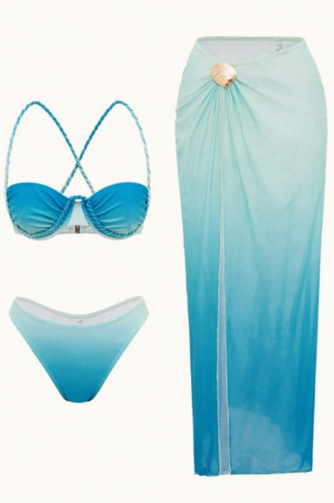 Gradient Mesh Skirt Backless Three Piece Swim Set