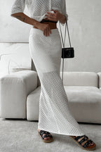 Openwork Collared Cardigan Maxi Skirt Set