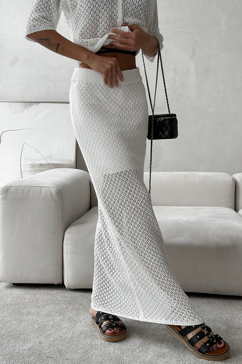 Openwork Collared Cardigan Maxi Skirt Set