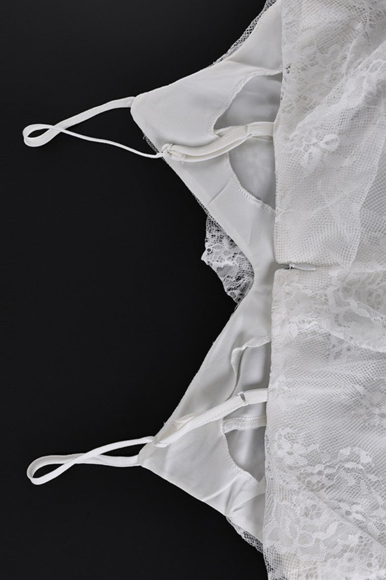 White Ruffle Trim Cami Slit Bodycon Maxi Dress