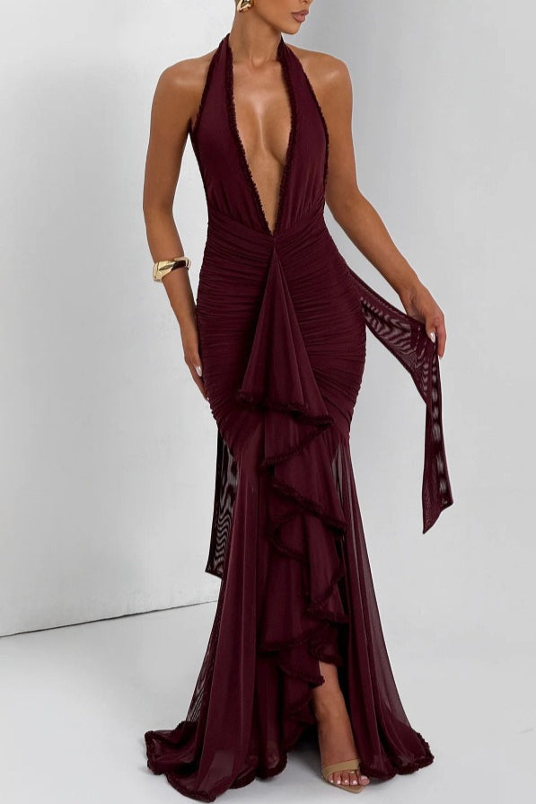 Sexy Escote Profundo en V Halter Sirena Vestido de Fiesta