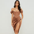 Hombros Descubiertos Corsé Drapeado Vestido Midi de Cóctel - Chocolate