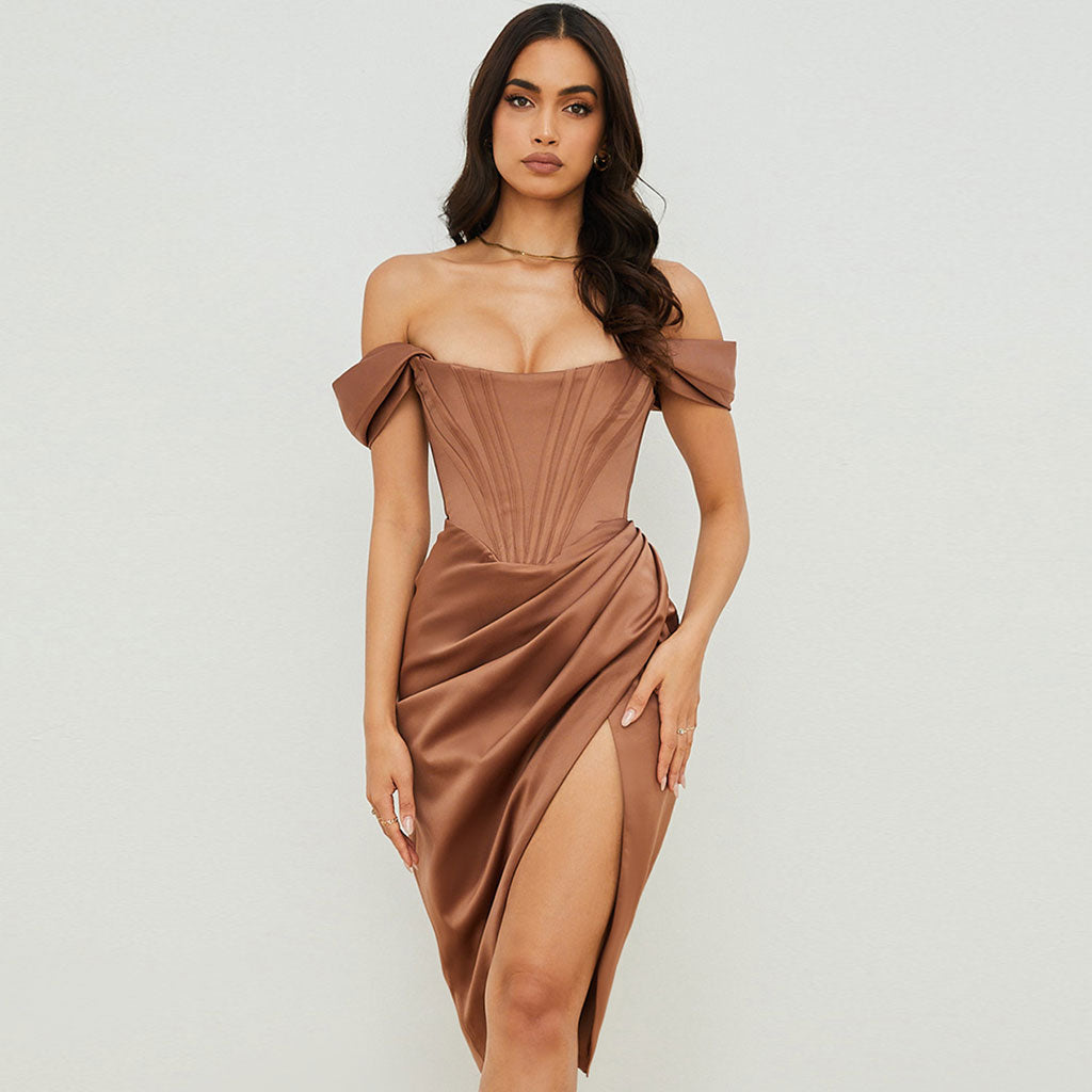 Hombros Descubiertos Corsé Drapeado Vestido Midi de Cóctel - Chocolate