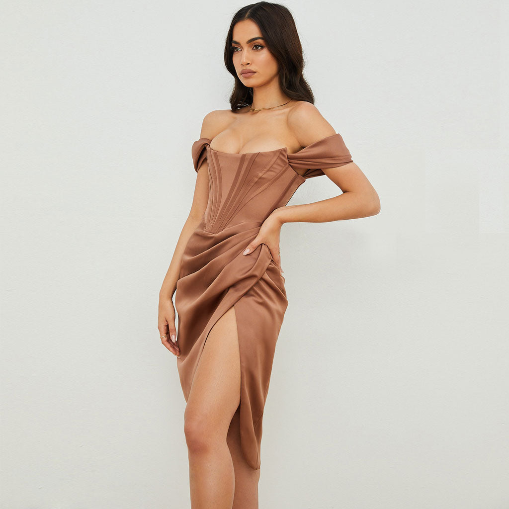 Hombros Descubiertos Corsé Drapeado Vestido Midi de Cóctel - Chocolate