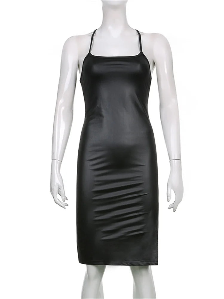 Hirigin Cuero Sintético Negro Halter de Fiesta Espalda Descubierta Vendaje Club Con Abertura Vestido Midi