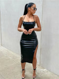 Hirigin Cuero Sintético Negro Halter de Fiesta Espalda Descubierta Vendaje Club Con Abertura Vestido Midi