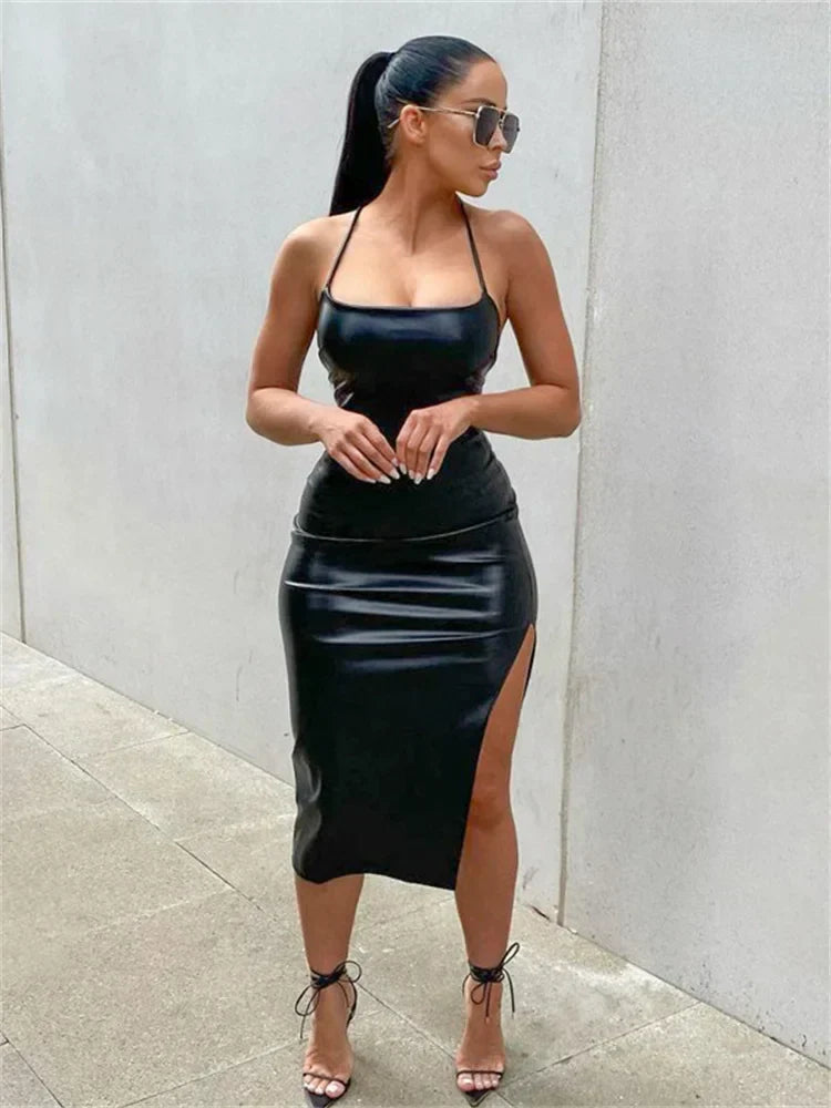 Hirigin Cuero Sintético Negro Halter de Fiesta Espalda Descubierta Vendaje Club Con Abertura Vestido Midi