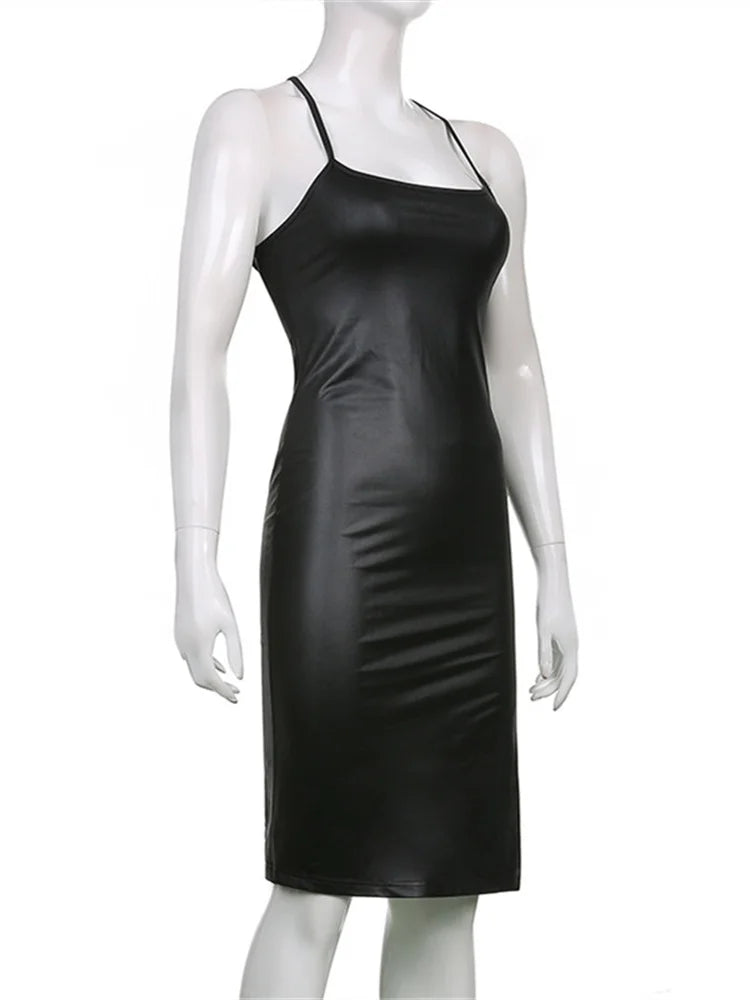 Hirigin Cuero Sintético Negro Halter de Fiesta Espalda Descubierta Vendaje Club Con Abertura Vestido Midi