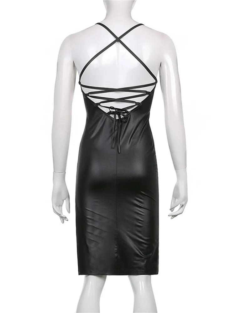 Hirigin Cuero Sintético Negro Halter de Fiesta Espalda Descubierta Vendaje Club Con Abertura Vestido Midi