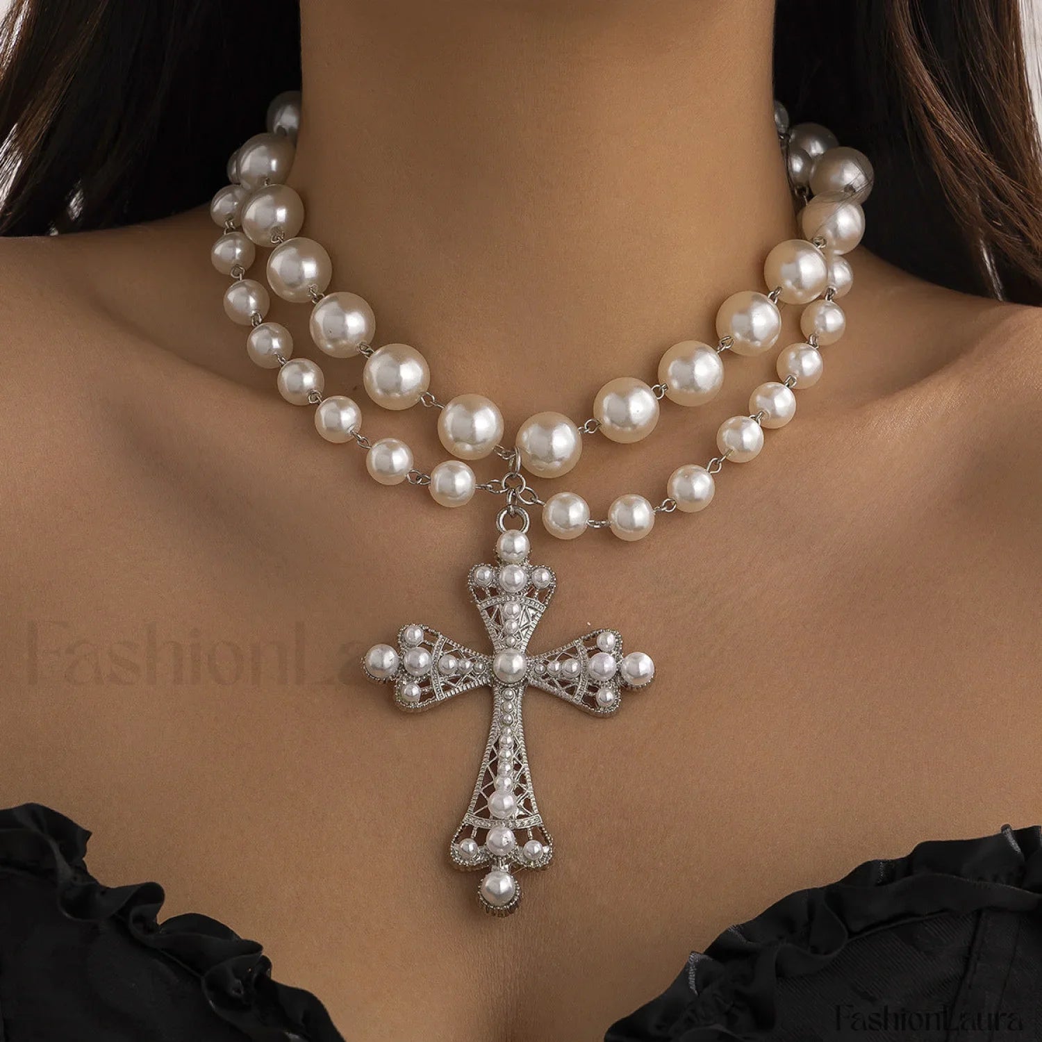 Perla Sintética Gótico Pendant Cruz Collar