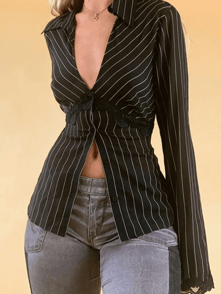 Encaje Con Paneles Manga Larga A Rayas Blusa