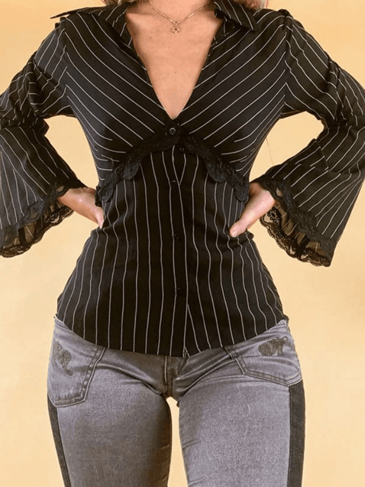 Encaje Con Paneles Manga Larga A Rayas Blusa