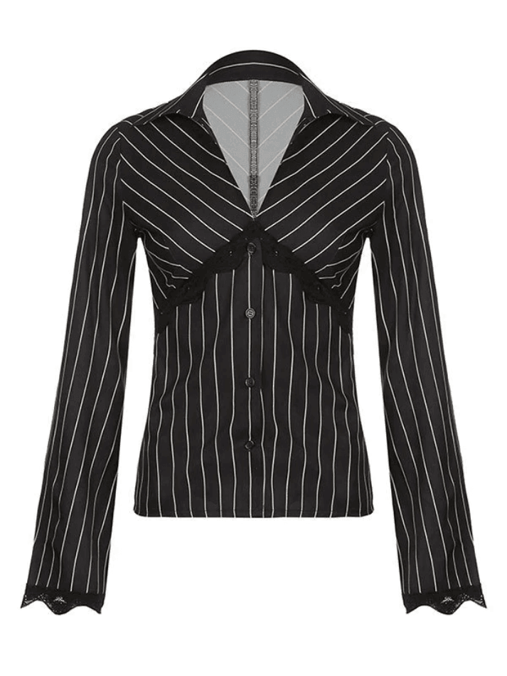 Encaje Con Paneles Manga Larga A Rayas Blusa