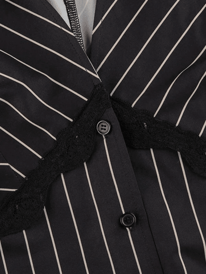 Encaje Con Paneles Manga Larga A Rayas Blusa