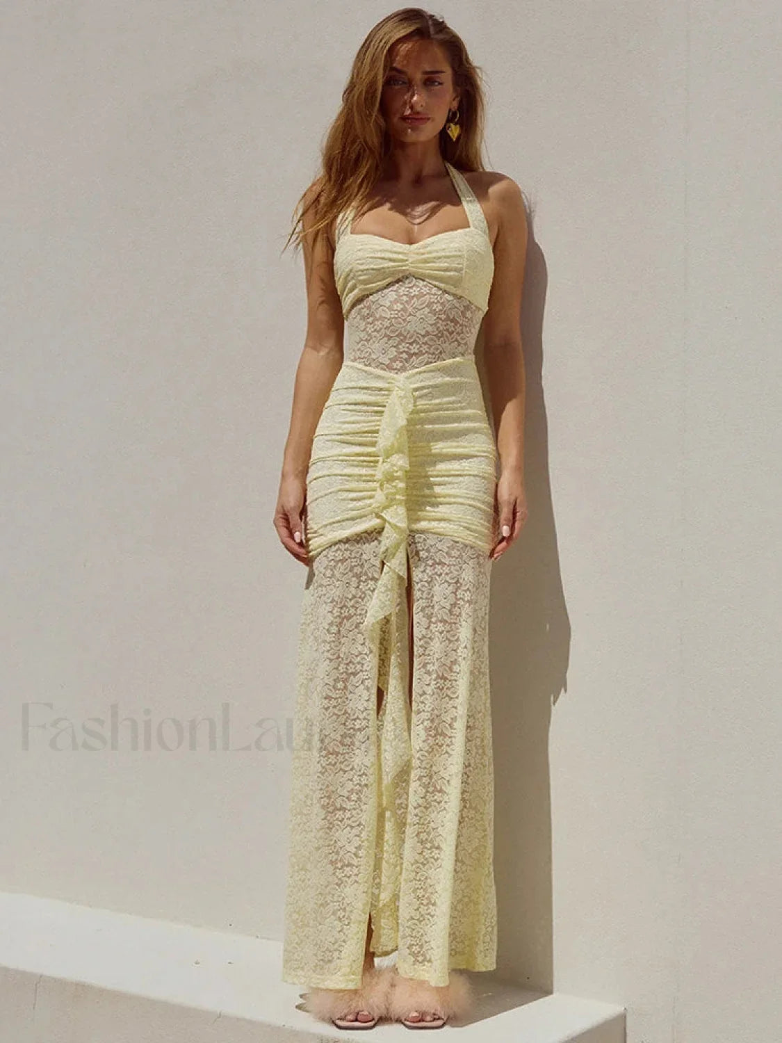 Encaje Patchwork Fruncido Vestido Maxi