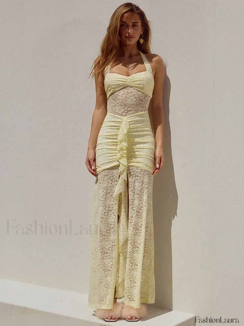 Encaje Patchwork Fruncido Vestido Maxi