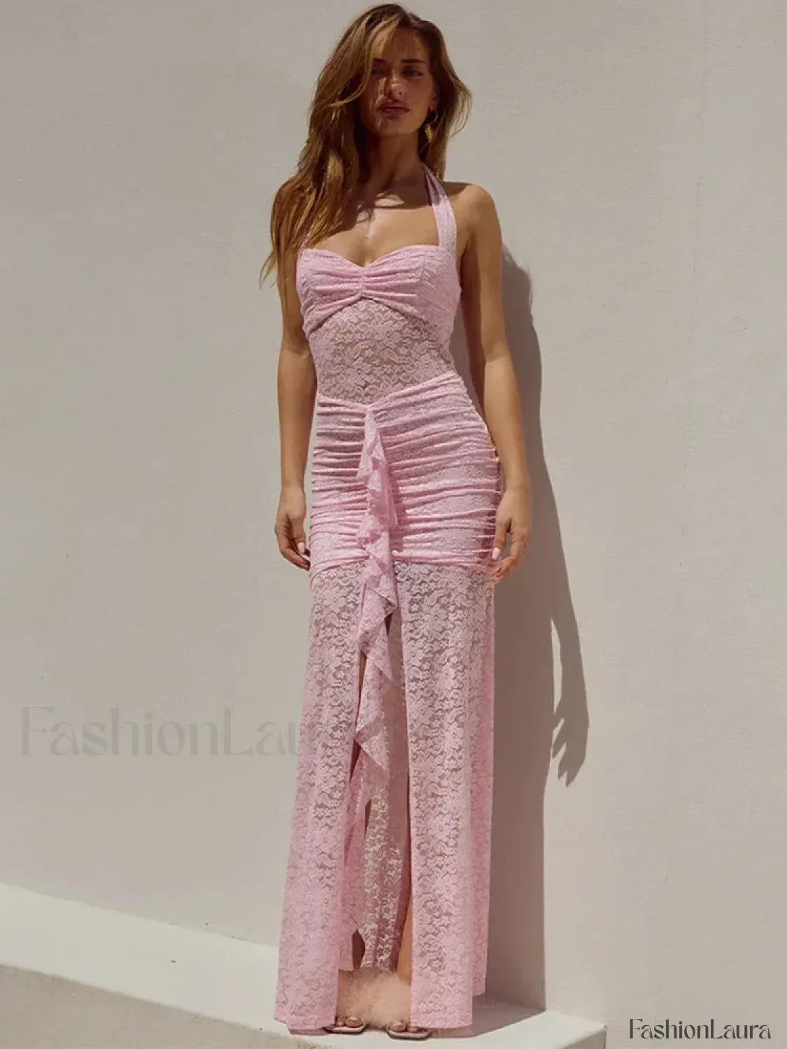 Encaje Patchwork Fruncido Vestido Maxi