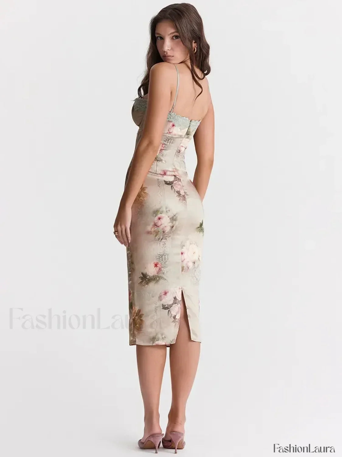 Vestido Midi Sin Tirantes con Estampado de Encaje