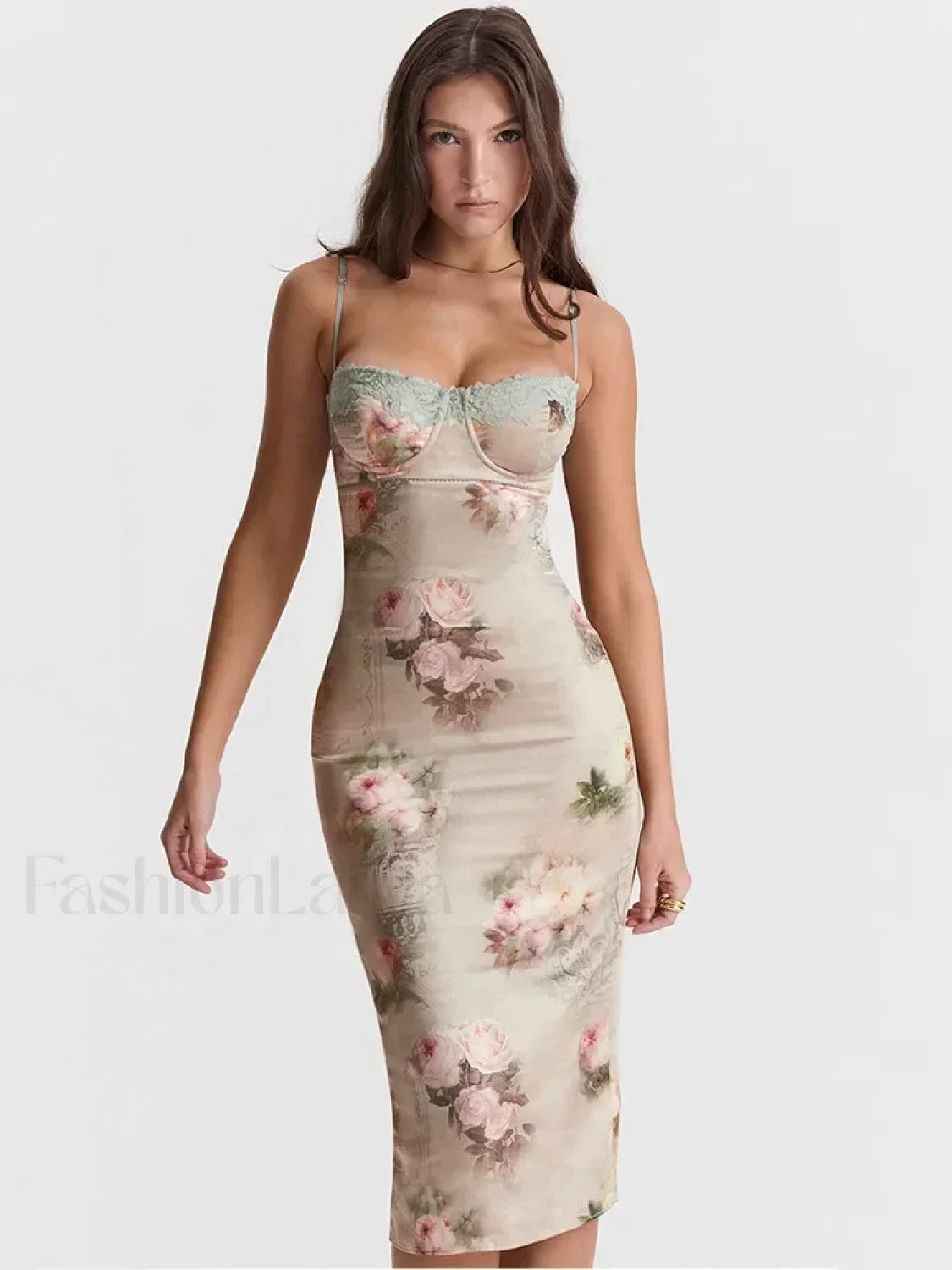 Vestido Midi Sin Tirantes con Estampado de Encaje