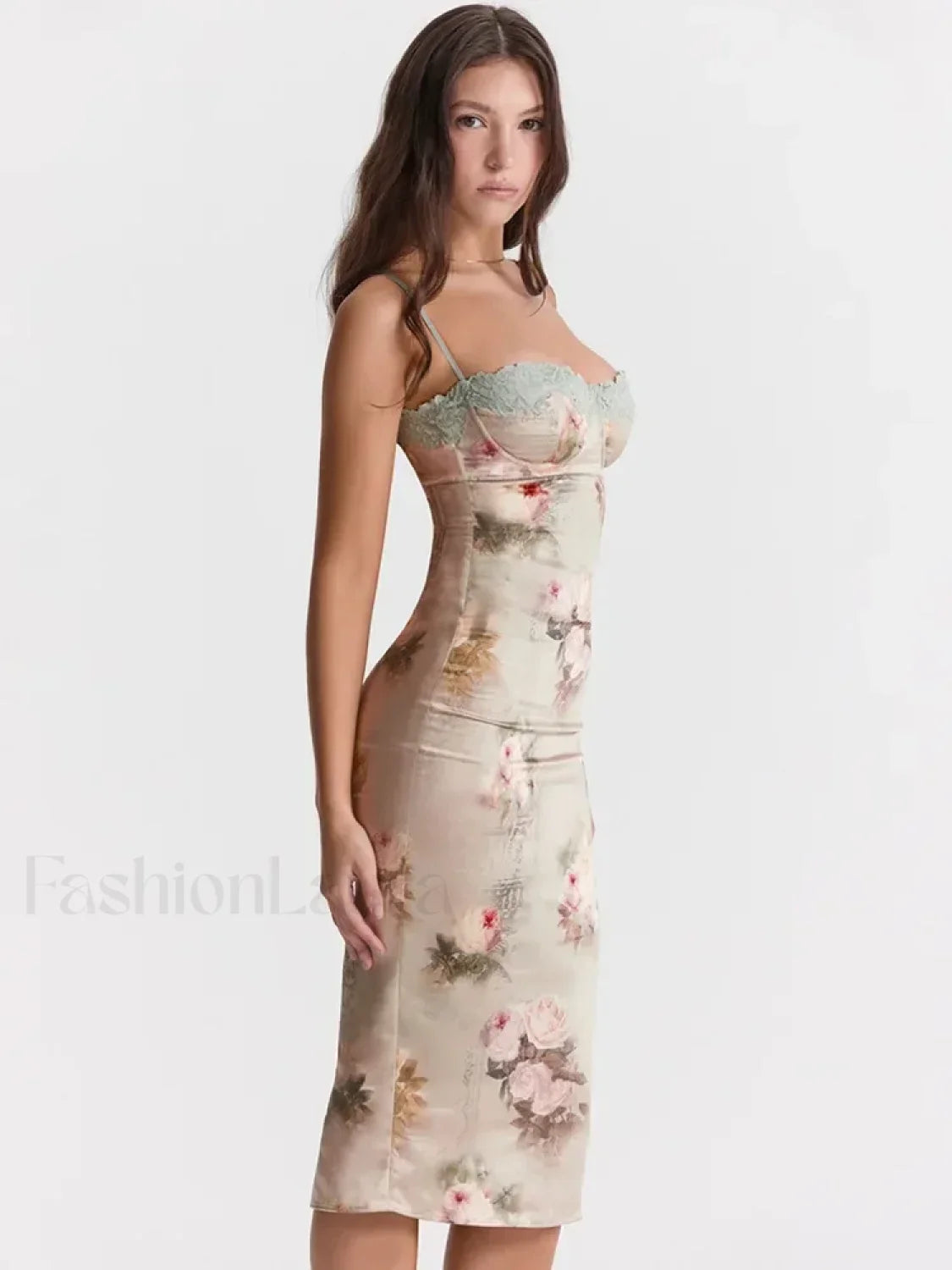 Vestido Midi Sin Tirantes con Estampado de Encaje