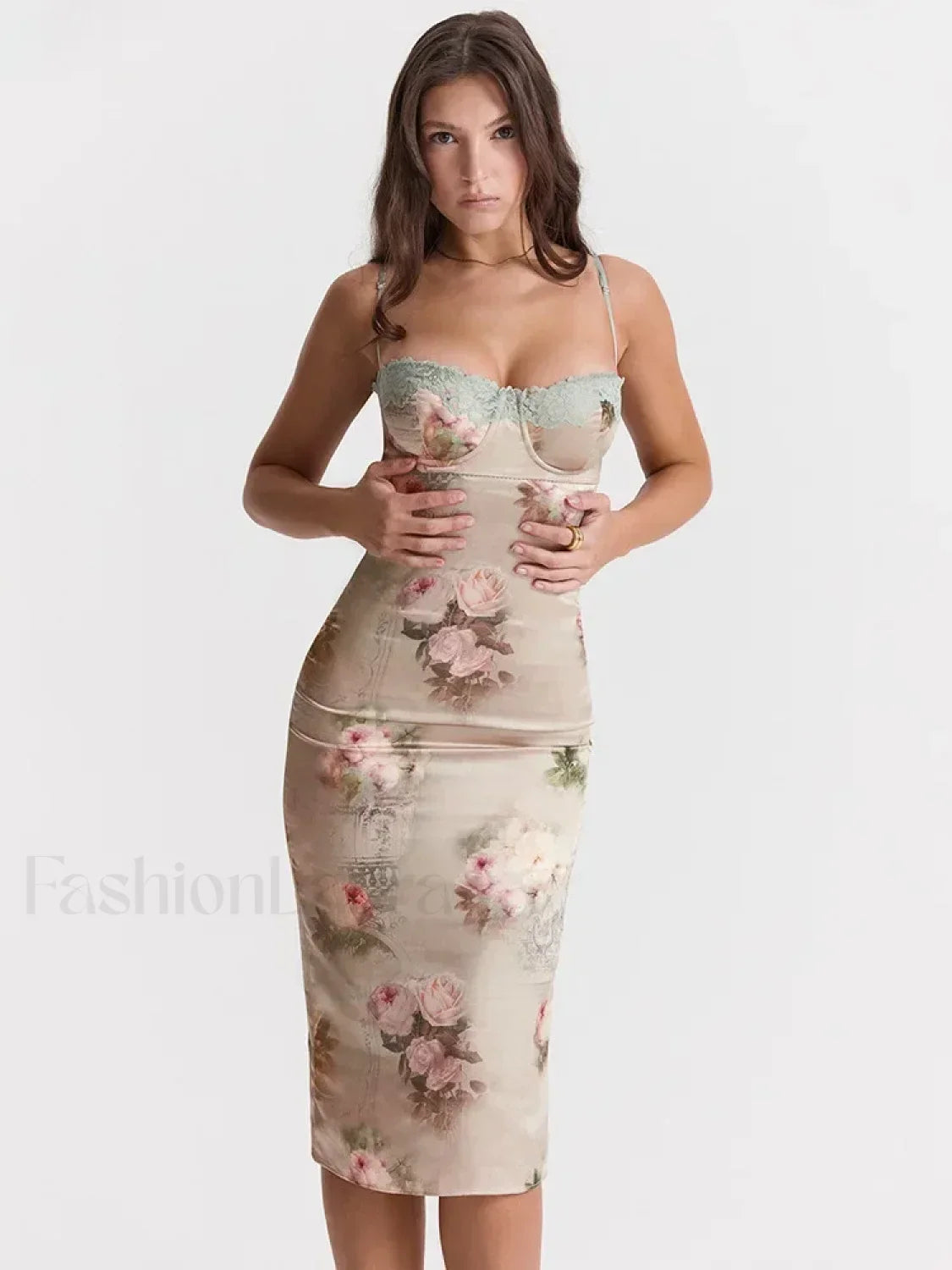 Vestido Midi Sin Tirantes con Estampado de Encaje